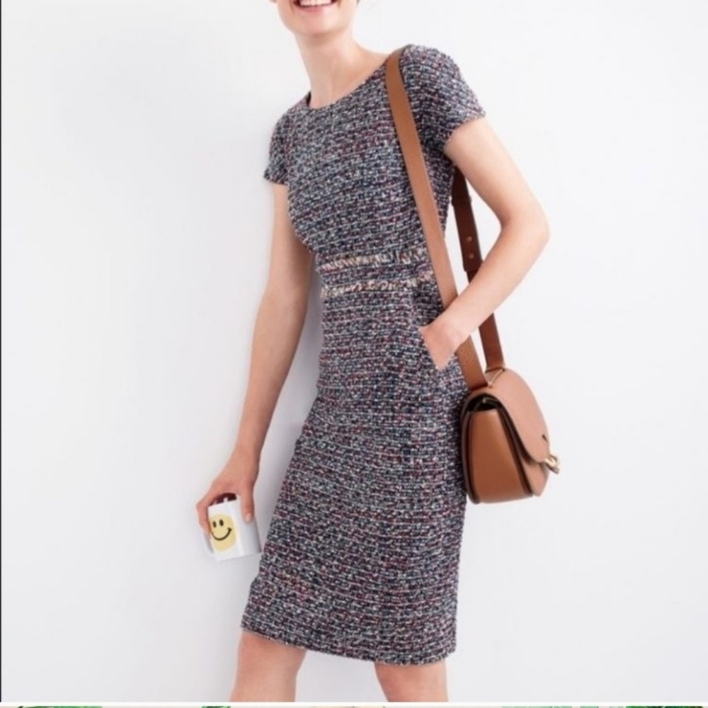 J.Crew Tweed Multicolored Fringe Trim Short Sleeve Shift Dress oversize
